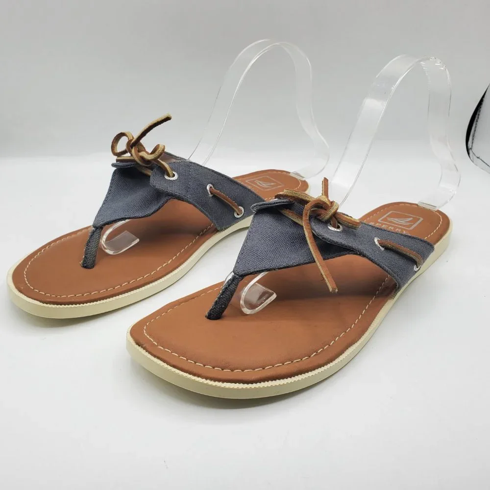 VINTAGE SPERRY TOP-SIDER CANVAS with LEATHER SHOE LACE TOP THONG SANDALS - Picture 5 of 7